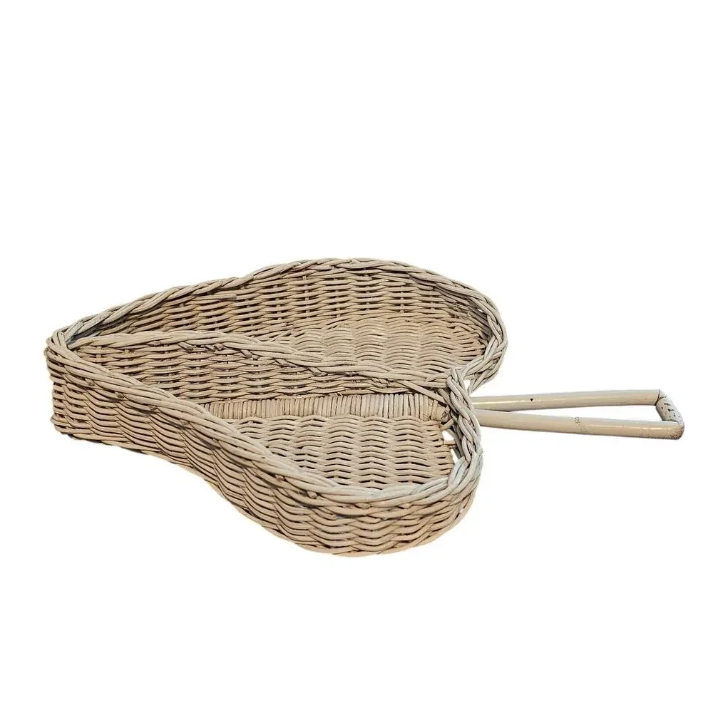 Vintage Heart Wicker Basket Divided Serving Tray Boho Handle White Wash Cottage